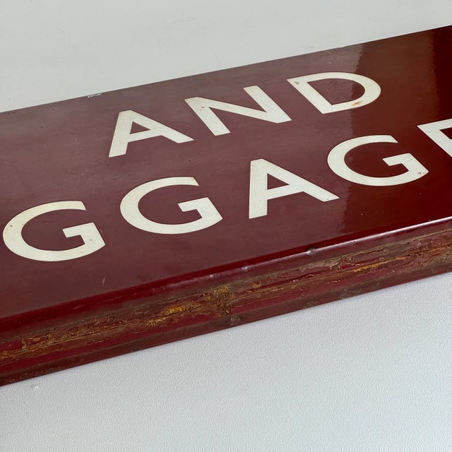 Rare Early 20th C Large Double Sided Train Station Porcelain Enamel Sign in Cherry Red Reads "Parcels and Left Luggage" For Sale - Image 18 of 18
