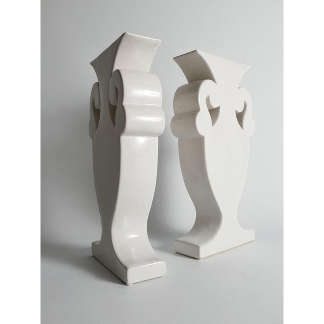 Vintage Flattened White Ceramic Urn Vases, 1980s, Set of 2 For Sale - Image 9 of 14
