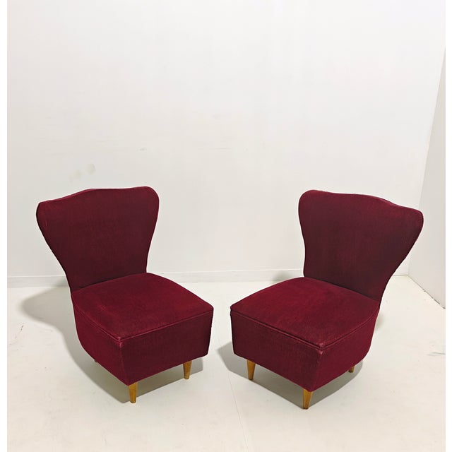 Cherry Velvet Armchairs with Wooden Legs, Italy, 1960s, Set of 2 For Sale - Image 12 of 13