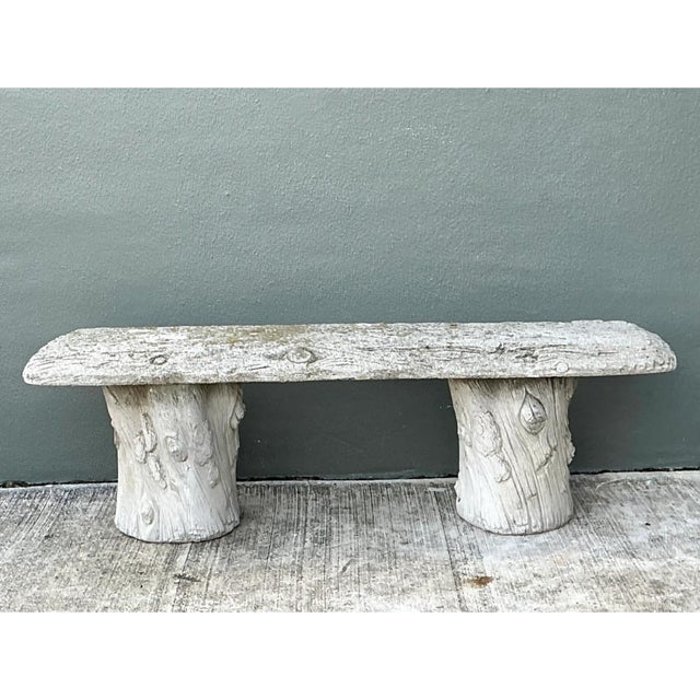 Light Gray Vintage Faux Bois Concrete Garden Bench For Sale - Image 8 of 12