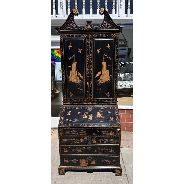 18th C Style George I Burton-Ching Black Chinoiserie Secretary Desk Bookcase.