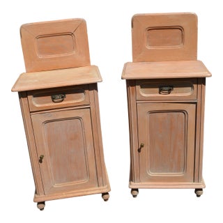 Vintage Pair Rustic Pine Wood Nightstands W/ Drawer / Cupboard & Back Splash For Sale