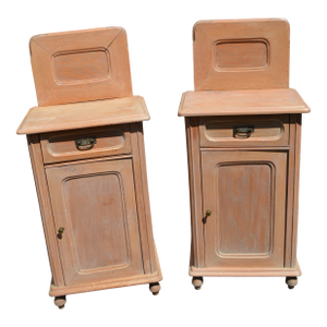 Vintage Pair Rustic Pine Wood Nightstands W/ Drawer / Cupboard & Back Splash
