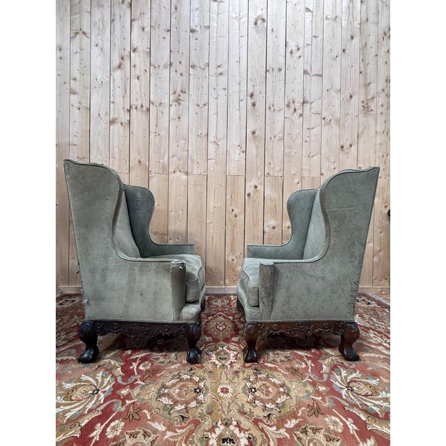 George III Style Wingback Armchairs in Carved Wood, 18th Century, Set of 2 For Sale - Image 5 of 8
