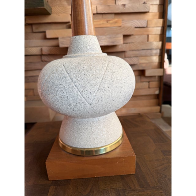 1960s 1960s Mid-Century Modern Textured Ceramic & Walnut Table Lamps With Original Tall Drum Shades - Pair For Sale - Image 5 of 12