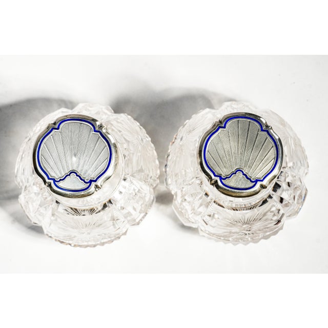 Traditional Exceptional Pair Antique English Cut Crystal Perfume Bottles Sterling Silver & Blue Enamel Tops Edwardian Vanity Set Home Decor For Sale - Image 3 of 18