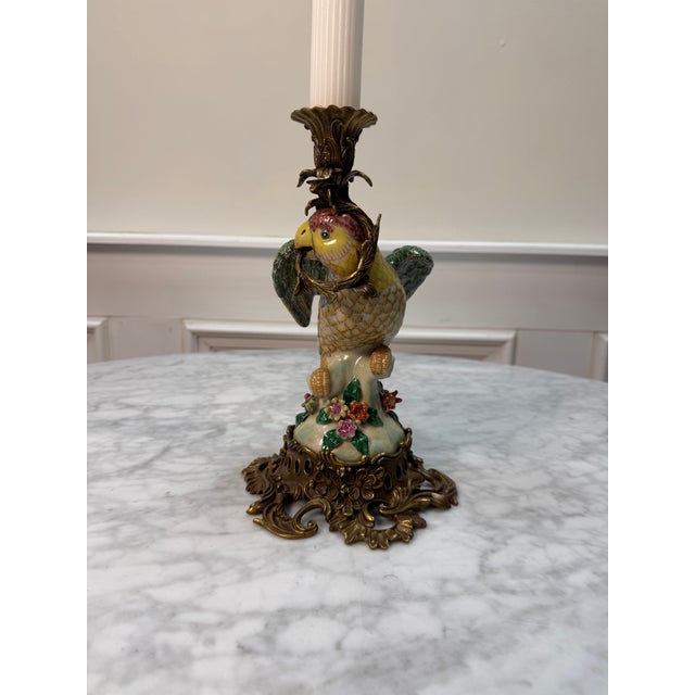 Chinoiserie Vintage French-Style Porcelain Parrot Candlestick With Ornate Brass Base For Sale - Image 3 of 7