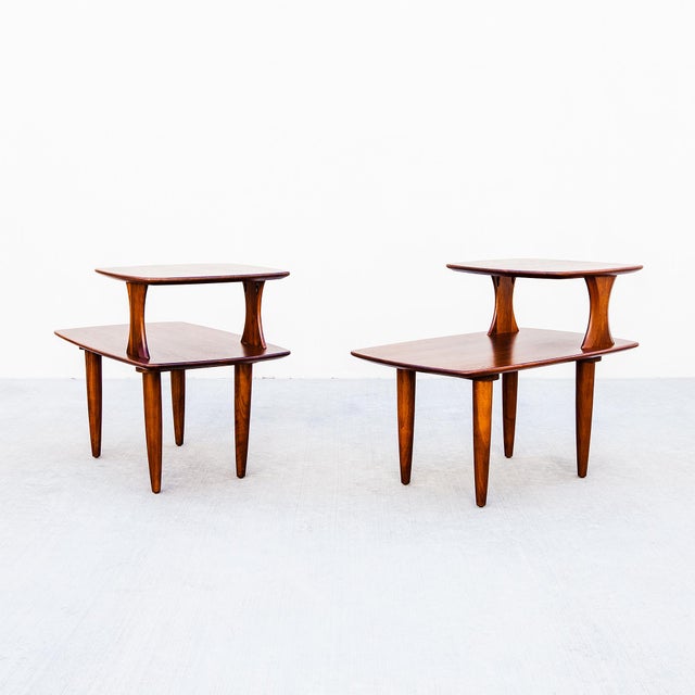 Wood Restored Mid Century Modern Solid Walnut Sculptural Step Tables For Sale - Image 7 of 12