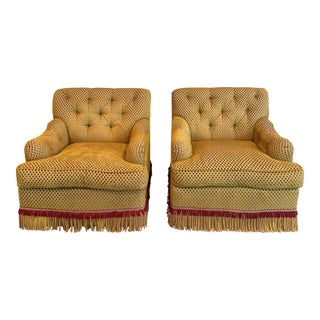 1990s Vintage Custom Gold Cut Velvet Tufted Club Chairs With Bullion Fringe - Set of 2 For Sale