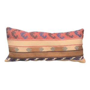 Hand Crafted Lumbar Pillow Featuring Vintage Knoll Greek Key Textile and S Harris Kilim Textile