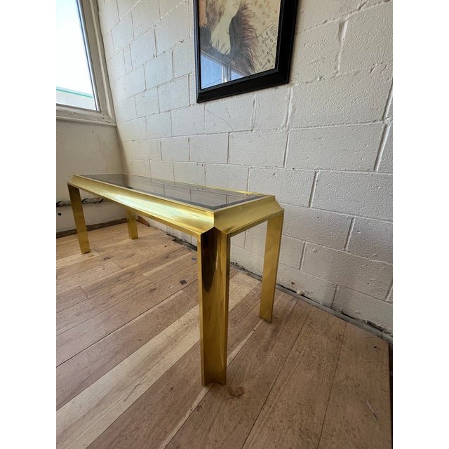 Pierre Vandel 1970s Sculptural Brass-Tone Aluminum and Smoked Glass Console Table For Sale - Image 4 of 9