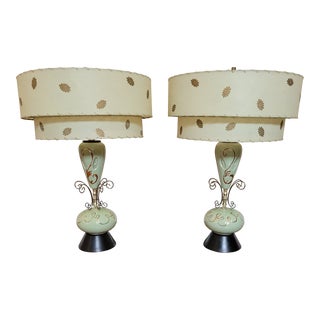 Set of 2 Atomic Mid-Century Ceramic Table Lamps With 2 Tier Fiberglass Shade For Sale