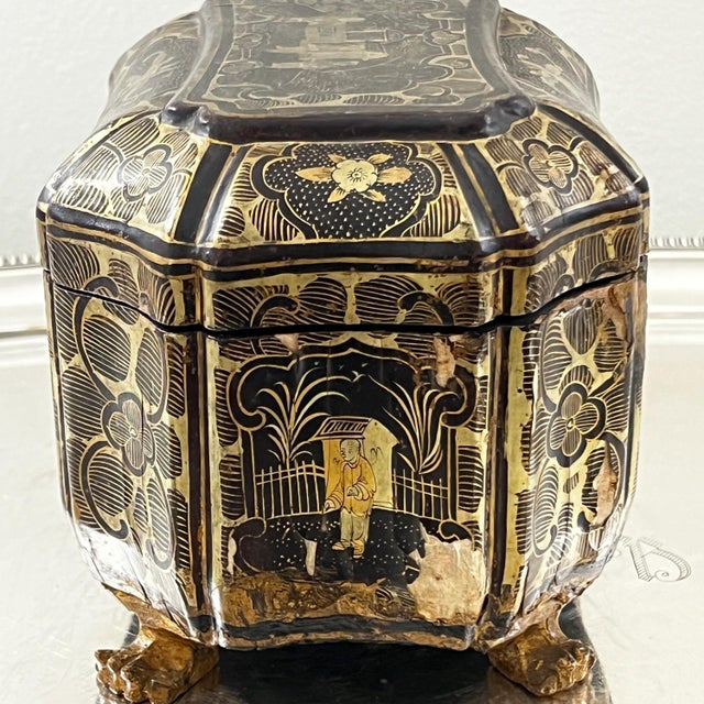 Antique chinoiserie-painted wood tea caddy with tins inside // chippy finish // lacquer // gold and black // scenic box with paw feet For Sale - Image 15 of 18