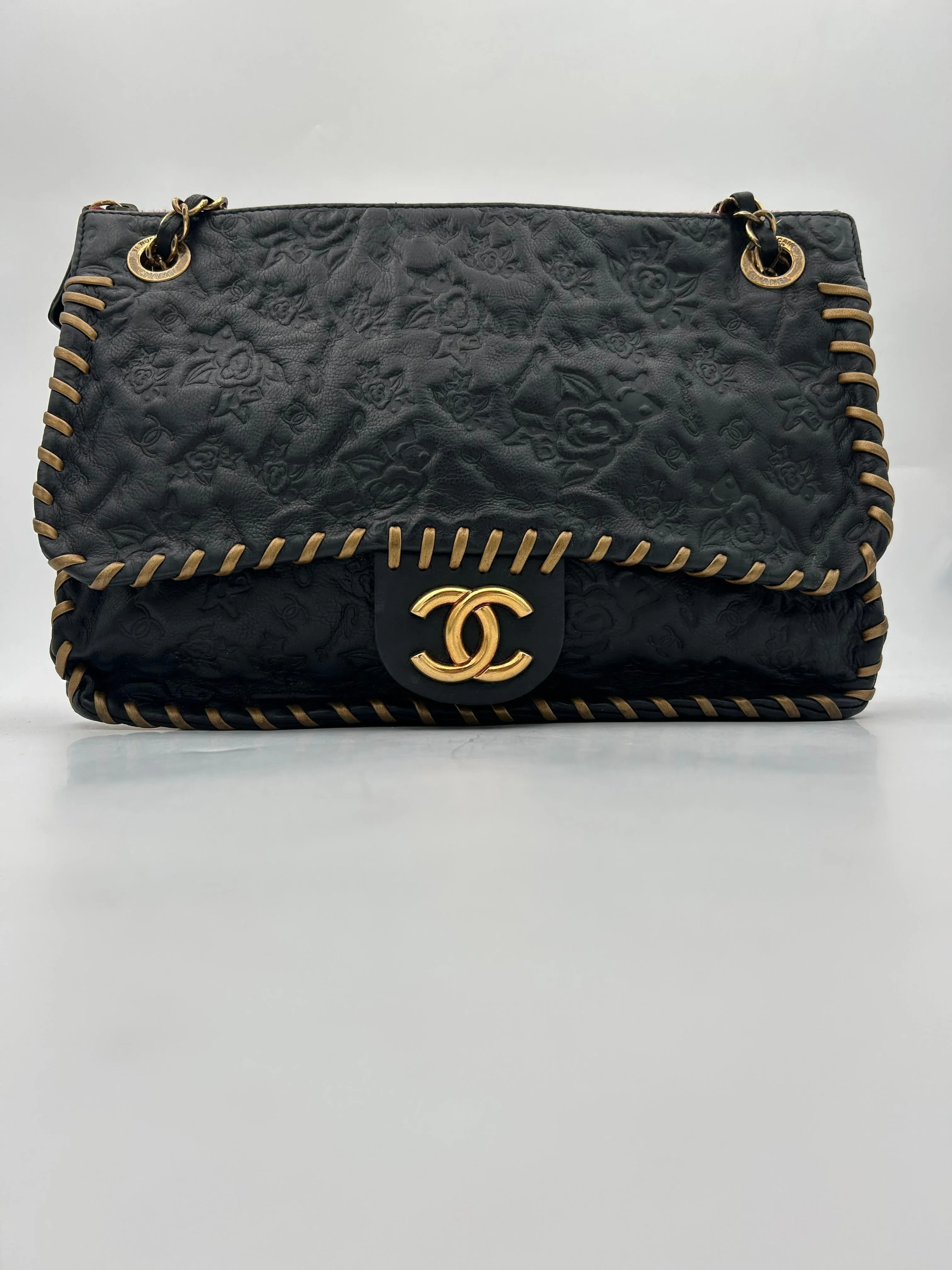Chanel Black Classic Bag Camellia Blizzard 2010-2011 | Chairish