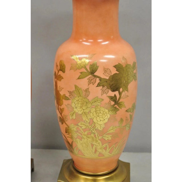 The Marbro Lamp Company Vintage Marbro Chinoiserie Salmon Coral Pink Porcelain Table Lamps - A Pair For Sale - Image 4 of 12
