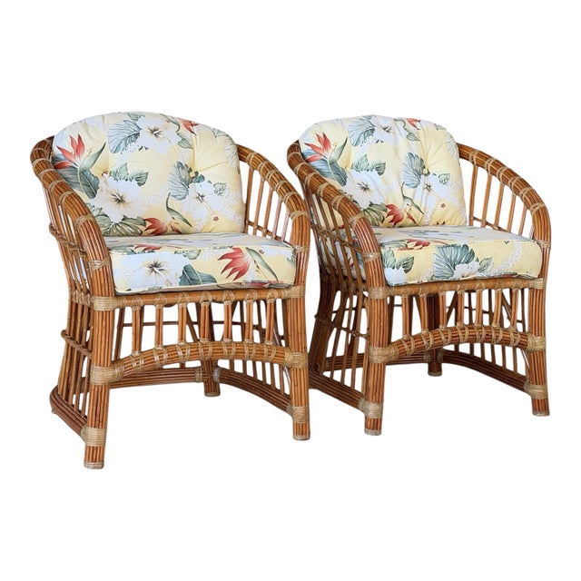 Vintage Coastal Organic Modern Pencil Rattan Lounge Chairs – Pair For Sale