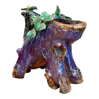 Vintage Shiwan Pottery Faux Bois Cache Pot For Sale