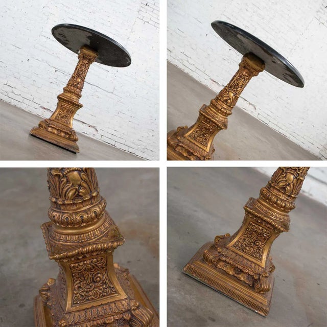 Neoclassic Hollywood RegencyPedestal Side Table Round Gilded Plaster & Black Composit Top For Sale - Image 10 of 13