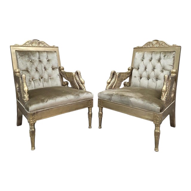 Vintage Neoclassical Empire Swan Arm Giltwood Lounge Chairs Newly Reupholstered - Pair For Sale