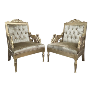 Vintage Neoclassical Empire Swan Arm Giltwood Lounge Chairs Newly Reupholstered - Pair