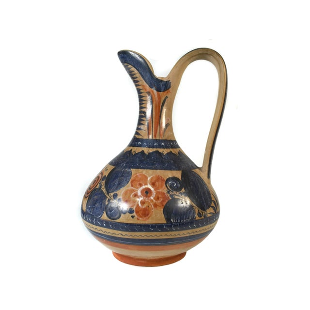 Mexican Vintage Large Mexican Folk Art Hand-Painted Tonala Pottery Water Jug Pitcher For Sale - Image 3 of 10