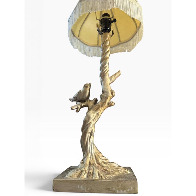 Bird on Tree Trunk Table Lamp With Fringed Scalloped Shade | Hollywood Regency For Sale In Portland, ME - Image 6 of 9