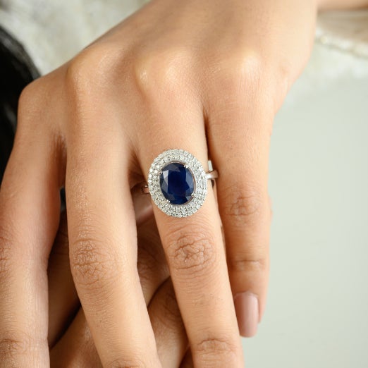 4.72 Ct Blue Sapphire Halo Diamond Art Deco Wedding Ring Size 6.5 For Sale In New York - Image 6 of 12