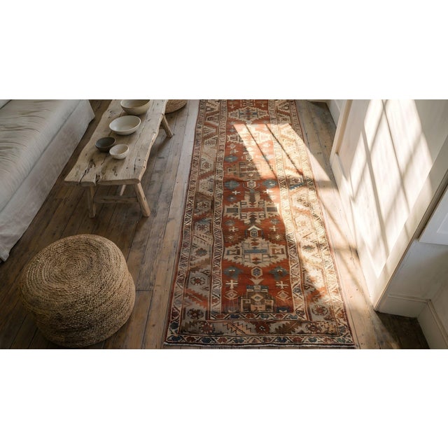 1890s Red Rust Rustic Geometric Antique n.w. Persian Serapi Rug 3'2" X 13'10" Handknotted Wool Carpet For Sale In New York - Image 6 of 8