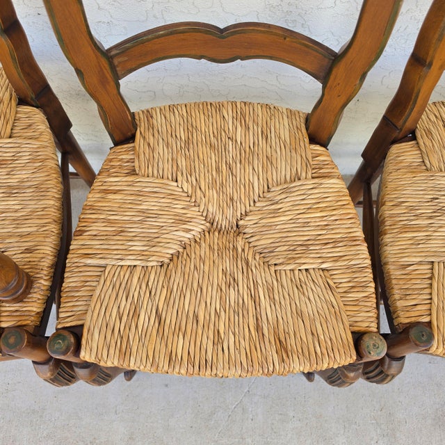 Antique French Country Carved Ladder Back Rush Seat Dining Chairs, Set of 4 For Sale - Image 12 of 18