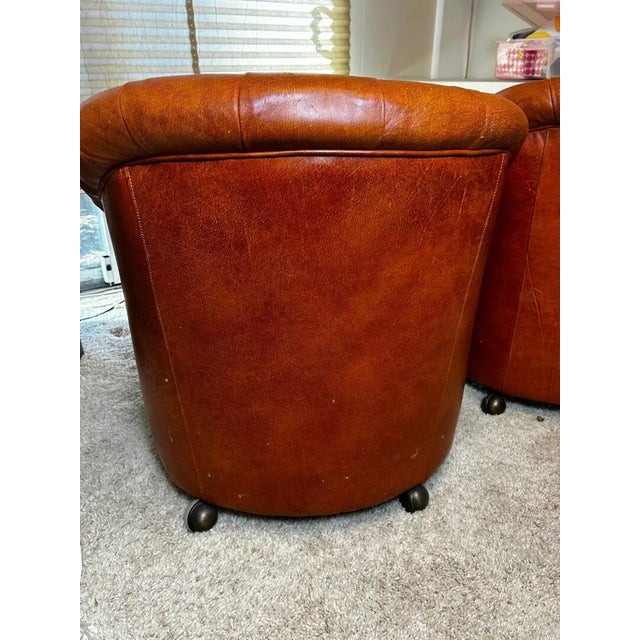 Vintage 1980s Pair of Cognac Tufted Barrel Club Chairs by Classic Leather Inc., Hickory Nc – Top Grain Leather on Brass Shepherd Casters For Sale - Image 11 of 17