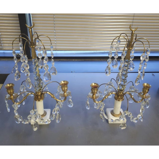 Pair of Crystal and Brass Two Light Candle Table Sconces on Marble Plinth For Sale - Image 4 of 10