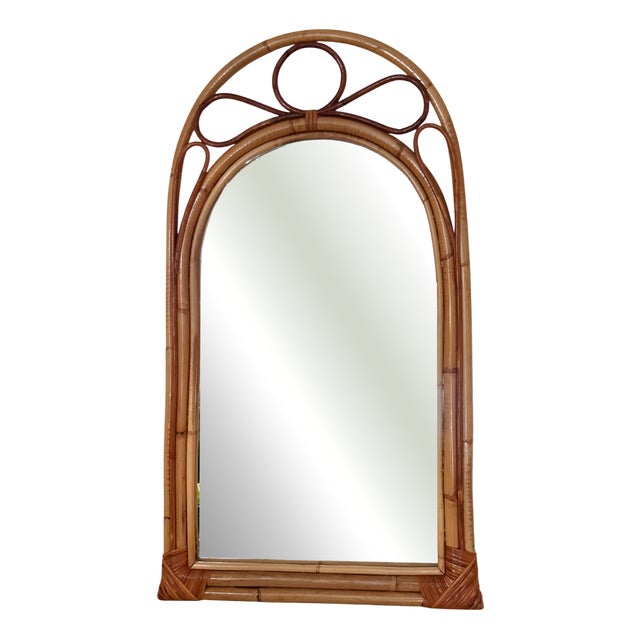 Large Spanish Rattan and Bamboo Arched Wall Mirror, 1960s For Sale