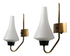 Vintage Italian Wall Sconces in Brass with Sculpted Opaline Glass Shades, 1950s, Set of 2