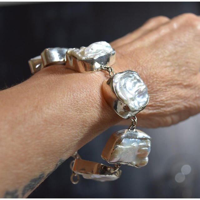 White Freshwater Baroque or Keshi Pearl Sterling Silver Link Bracelet For Sale - Image 17 of 18