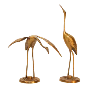 Brass Crane Bird Sculptures 1960s Set of Two Vintage Hollywood Regency Asian Style