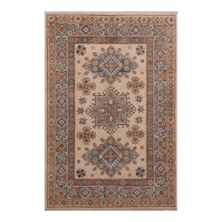1990s Rustic Kazak Beige & Light Blue Wool Rug - 3'3'' X 4'10'' For Sale