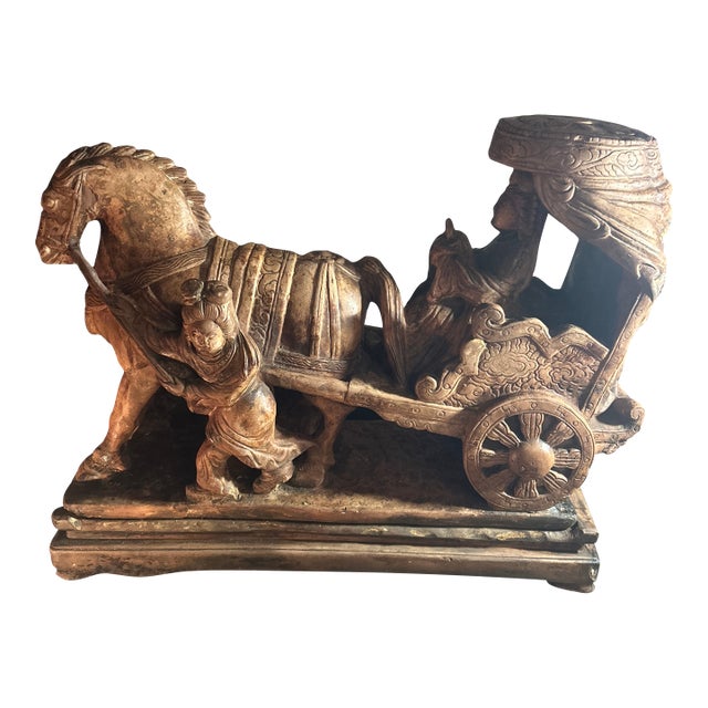 Vintage Mid-Century Chinese Hand-Carved Limestone Chariot Procession Sculpture - 2 Pieces For Sale