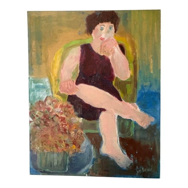 Large Vintage Abstract Oil Painting of a Lady in Purple by JoAnne Fleming, 40” X 32” For Sale