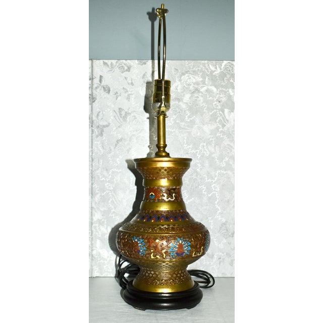 1940s Vintage Champleve Japanese Style Electric Table Lamp For Sale - Image 5 of 13
