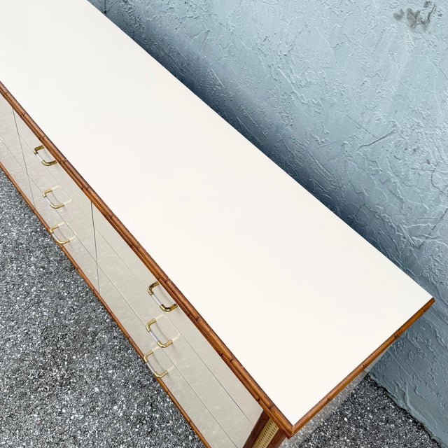 1980s Boho Chic Cream Gloss Laminate Cane and Faux Bamboo Dresser For Sale - Image 5 of 12