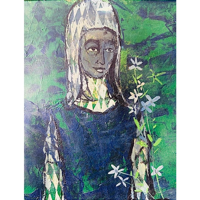 Mid-Century Modern Mid Century Mixed Media Double Matte Harlequin Painting Signed Framed For Sale - Image 3 of 8