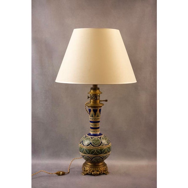 Electrified Kerosene Lamps in Glazed Earthenware with Gilt Bronze Mounts and Geometric Decor from Longwy, Late 19th Century, Set of 2 For Sale - Image 6 of 14