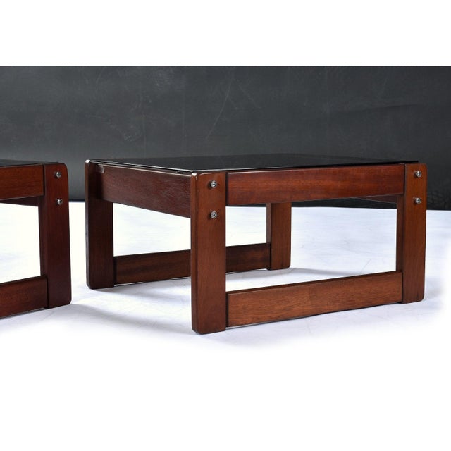 Brown Pair of Percival Lafer Low Profile Rosewood and Smoked Glass Side Tables or Platform Bed Nightstands For Sale - Image 8 of 10