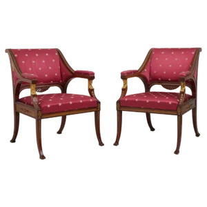 Set of Antique Empire Mahogany Armchairs in Brass and Gilded Decor