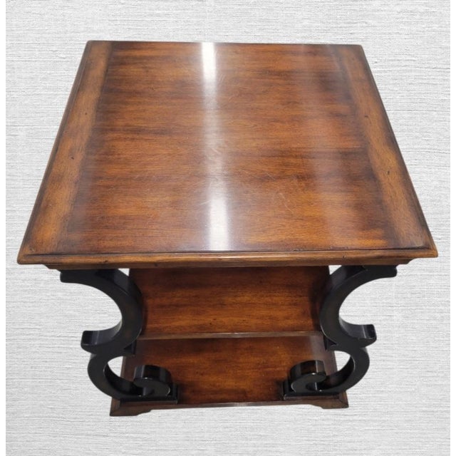 English Vintage Oversized Theodore Alexander Walnut Ebonized Scroll Leg 3 Tier Side Table For Sale - Image 3 of 9