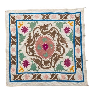 Hand-Embroidered Neutral Tan Suzani Tapestry, 3'10'' X 4'2'' For Sale