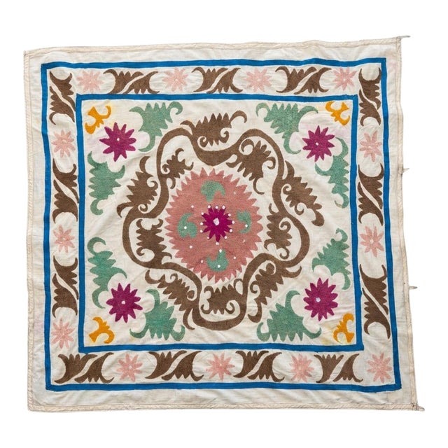 Hand-Embroidered Neutral Tan Suzani Tapestry, 3'10'' X 4'2'' For Sale