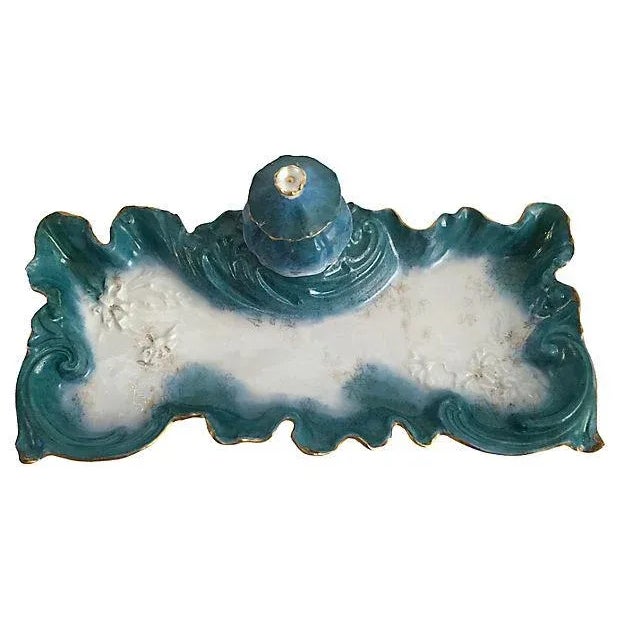 Antique Paris porcelain scalloped pen tray with removable lidded inkwell. Hand-painted with turquoise banding and gilt...