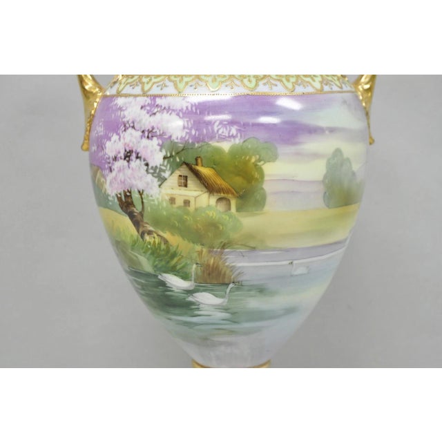 Antique Nippon Hand Painted Cottage Lake Porcelain Twin Handle Bolted Urn Vase For Sale In Philadelphia - Image 6 of 17
