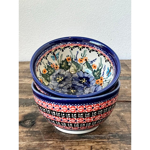 Blue Vintage Polish Hand Painted Ceramic Bowls - Set of 2 For Sale - Image 8 of 12